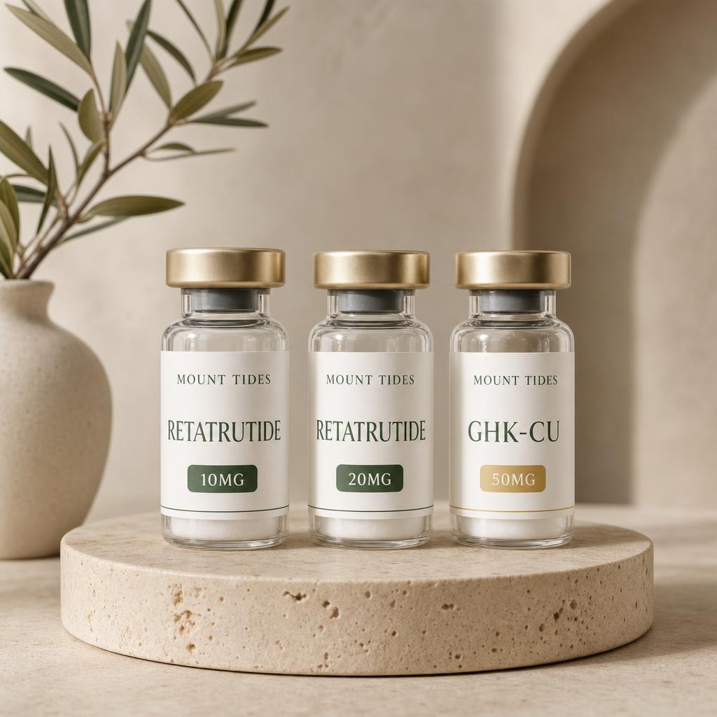 Mount Tides research peptide vial on a cream podium
